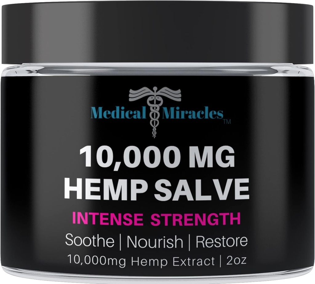 Medical Miracles Hemp Salve Intense Strength 10.000 MG. HIPS için ideal, Ortaklar, Grafik, Arka, Elbows, Parmaklar, Eller ve Dizler. 100% Doğal - ABD'de Proudly Made in USA