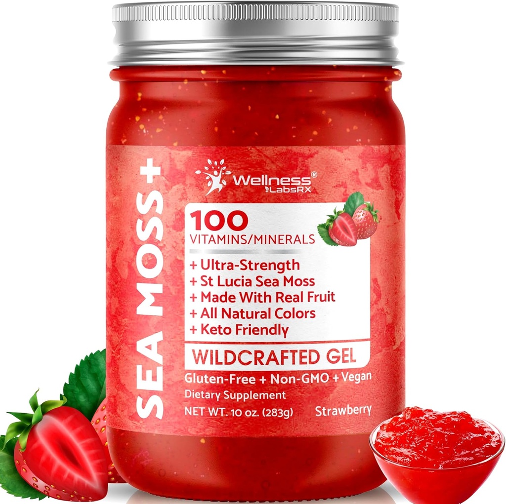 WELLNESS LABSRX Irish Sea Moss Gel Raw - Wildcrafted Superfood Seamoss Gel - Strawberry Flavor, Vitamin and Mineral-Rich from Pristine Caribbean Waters, Immune and Digestive Health Support - 10 oz.