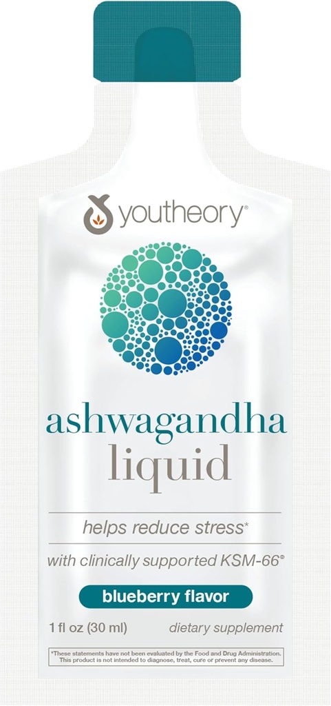 Youtheory Ashwagandha Liquid - Uses Organic KSM-66 - Herbal Blend to Support Energy Levels & Stress Relief* - 12 Single-Serving Packets (12-Day Supply)