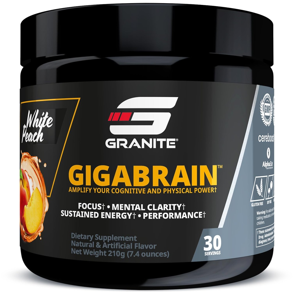 Διατροφή Γρανίτη GigaBrain Nootropic Energy Powder – Cereboost, Alpha-GPC & ElevATP – Γνωστικό συμπλήρωμα εστίασης για διαρκή ενέργεια και απόδοση – Λευκό Ροδάκινο, 30 εξυπηρετήσεις