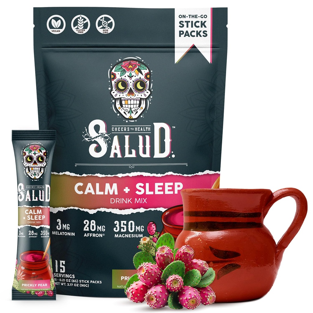 Salud 2in-1 Sleep Aid + Calm Drink Mix, Prickly Pear Flavor, Melatonin, Magnezyum, Saffron Extract, L-Theanine, Non-GMO, Gluten Free, Vegan, Low Calorie, 1g of Sugar (15 hizmet)