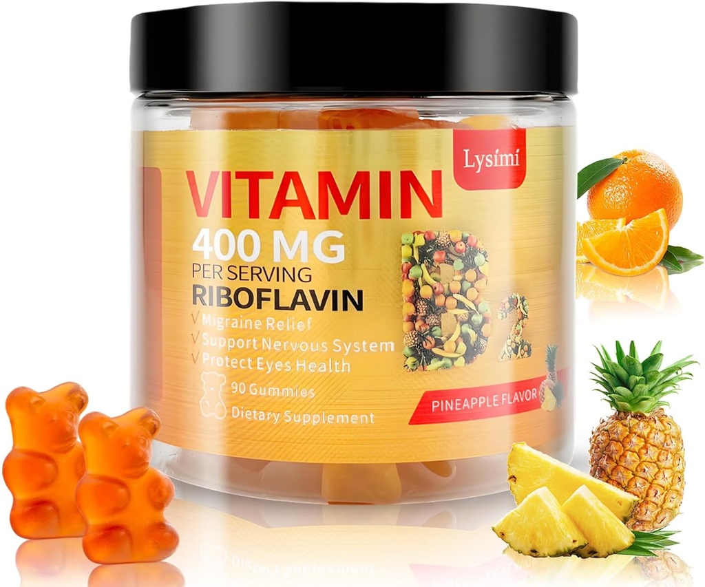B2 Vitamin Gummies, B2 Riboflavin Gummies 400 mg with Magnezyum & Coq10, Migraine Relief & Headache Relief, for Kids & Yetişkinler, 90 Chewable Gummies (1)