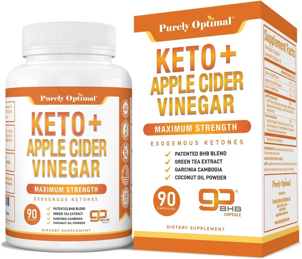 Purely Optimal Keto BHB & Apple Cider Vinegar Capsules - Exojen Ketones Supplement with The Mother for Ketosis Support, Health Lifestyle & General Well-Being - 90 Capsules