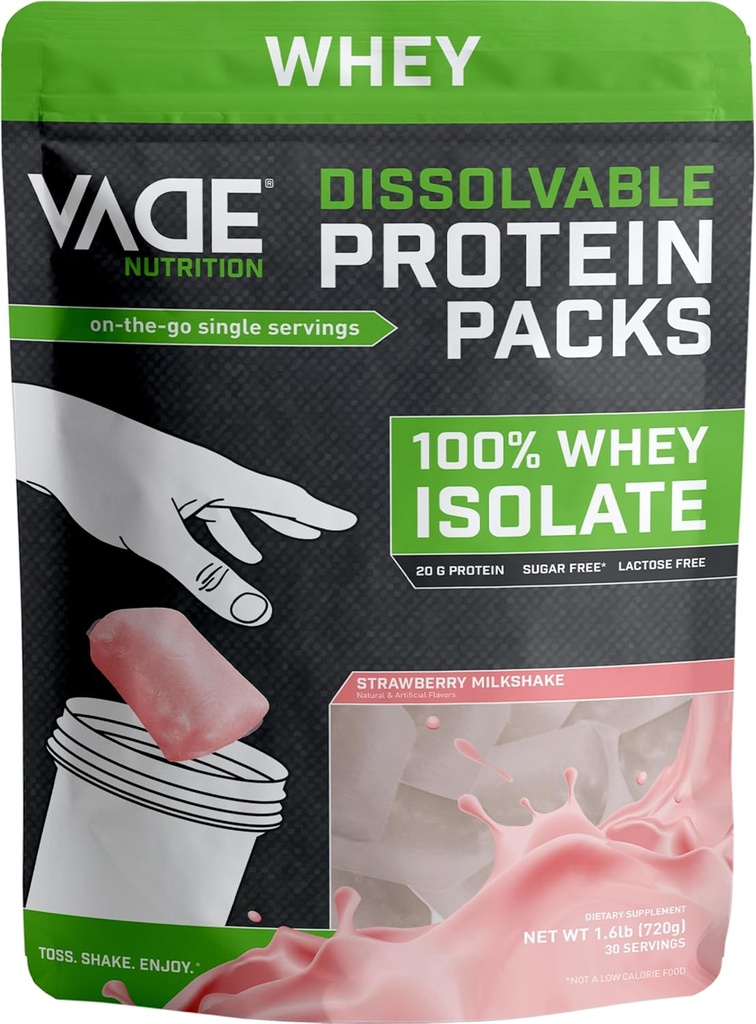 VADE Beslenme Engelli Protein Paketleri | Strawberry Milkshake Whey Isolate Protein Toz, On-Go, Low Carb, Low Calorie, Lactose Free, Gluten Free, Fat Free, Sugar Free, Lean, 30 Servisler