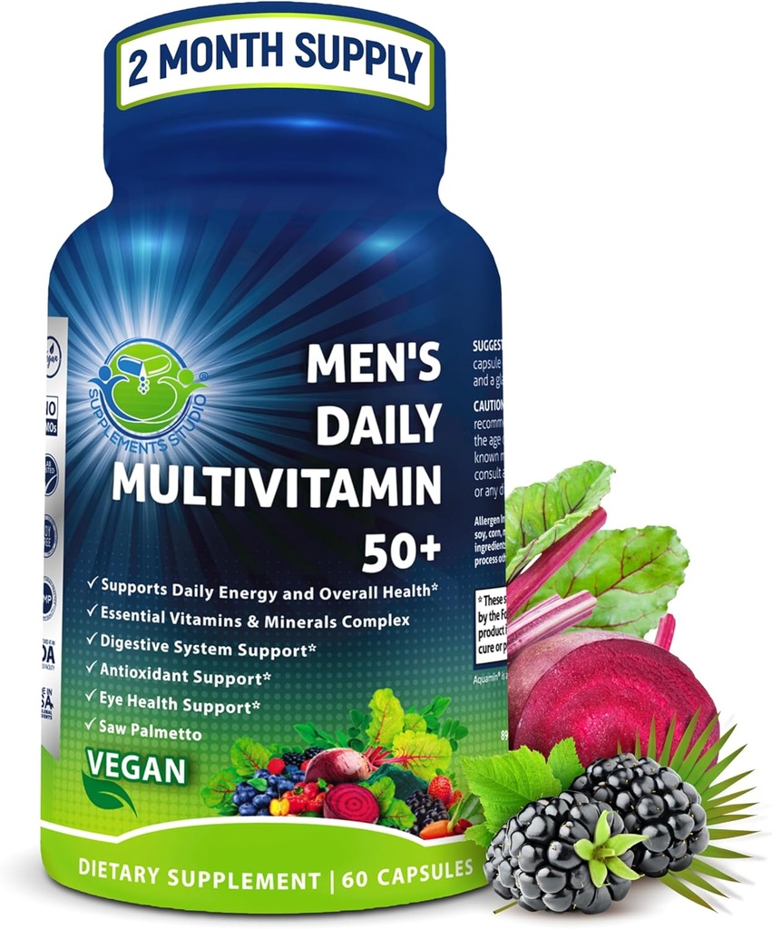 Erkeklerin Günlük Multivitamin 50 Plus - Vegan Medeniyetli Erkekler için Çokvitamin - Saw Palmetto, Biotin, Organik Superfoods, Lutein - Eye, Energy, Gut, Health Support - Easy to Swallow Capsules
