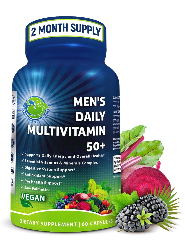 Men's Daily Multivitamin 50 Plus - Vegan methylated Multivitamin for Men 50 and Over - Saw Palmetto, Biotin, Organic Superfoods, Lutein - Eye, Energy, Gut, Health Support - Εύκολη κατάποση κάψουλες