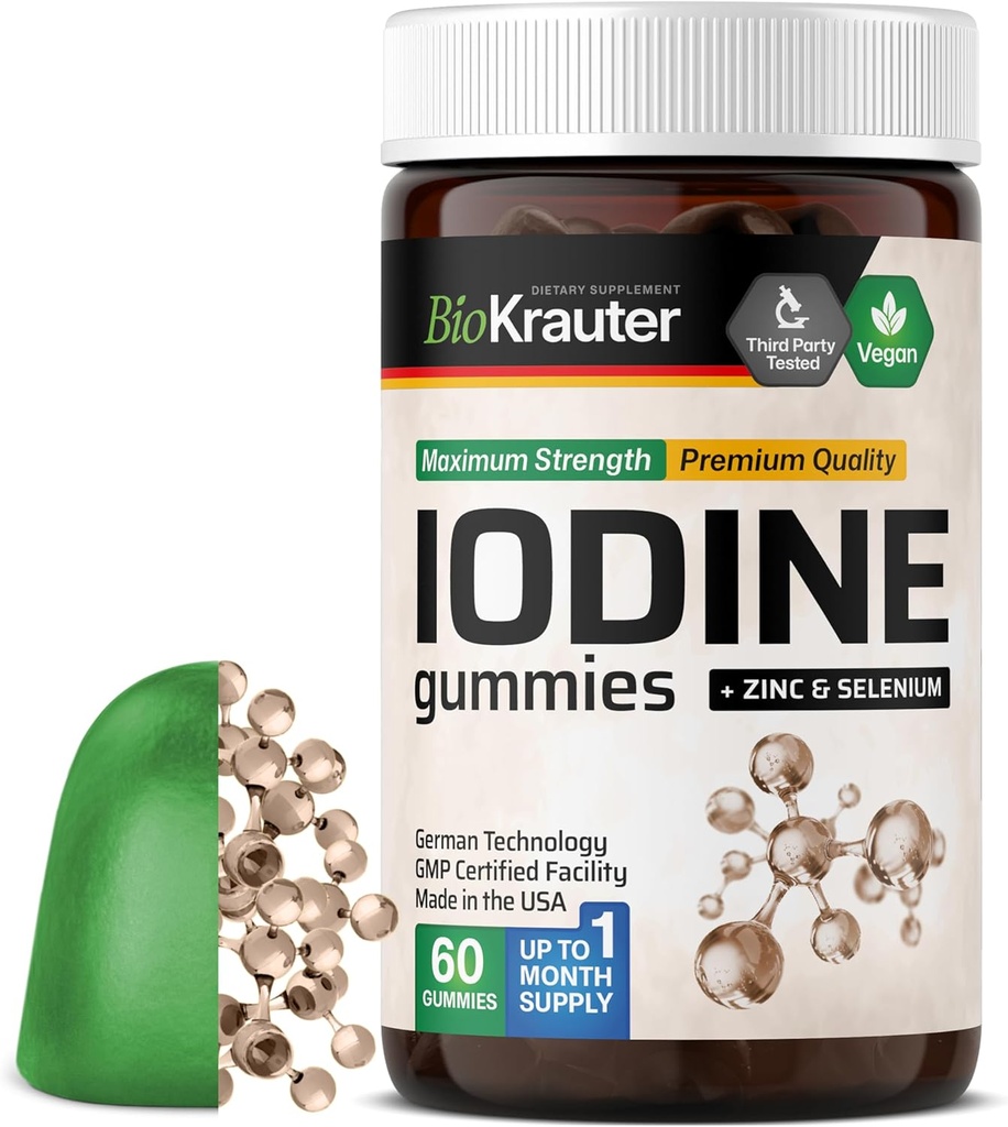 BIO KRAUTER Iodine Gummies - 60 Vegan Chews - 250 mcg P Properties Iodide - Selenium Zink ile Iodine Supplement - Apple Flavor, Pectin-Based Chews