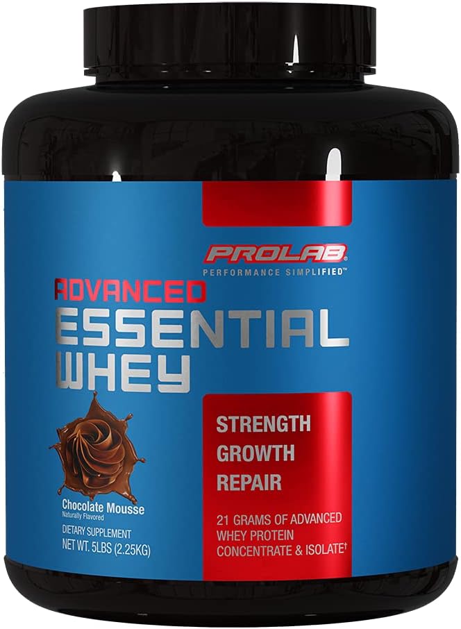 ProLab Advanced Essential Whey Protein Powder, 21g πρωτεΐνη, συμπύκνωμα ορού γάλακτος & απομόνωση μείγμα με BCAAs & Digestive Ένζυμα για την υποστήριξη των μυών & την αποκατάσταση (Chocolate Mousse, 5 LB)