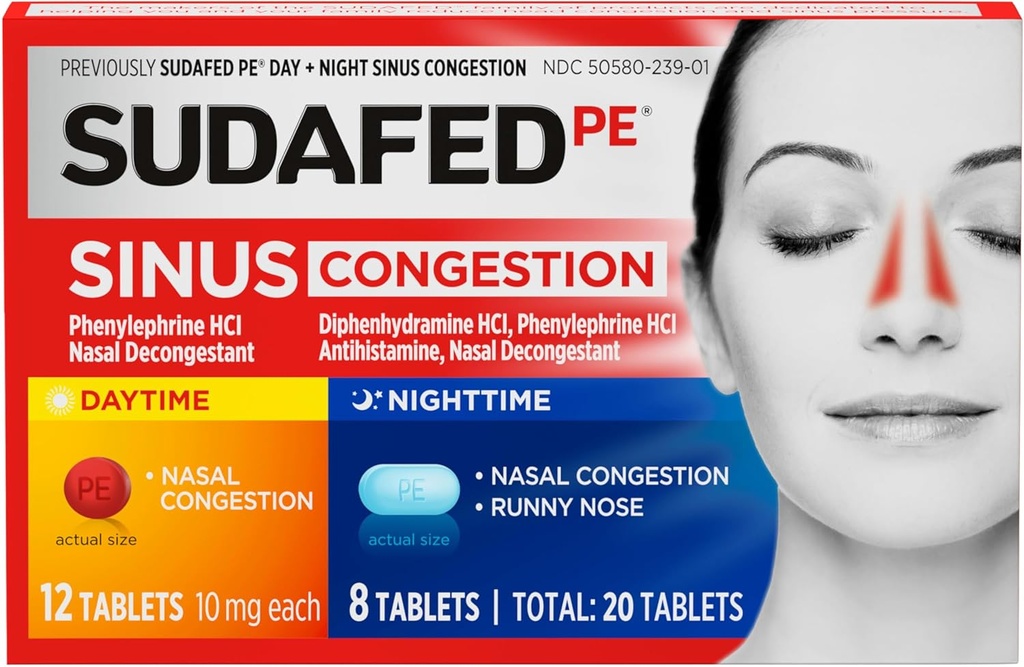 Sudafed PE Συμφορητική Ημέρα + Νύχτα Μέγιστη Δύναμη Αποσυμφορητικά & Αντιισταμινικά Δισκία με Phenylefrine HCl & Diphenhydramine HCl, Βοηθά Ρινική & Σινική Πίεση & Συμφόρηση, 20 ct