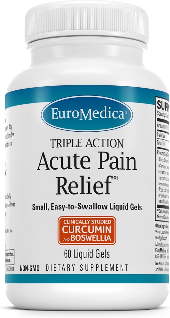 Euromedica Acute Pain Relief - Συμπλήρωμα διατροφής με BCM-95 Κουρκουμίνη & BOS-10 Boswellia - Black Sesame Seed Oil Supplement to Support Relief of Occasional Discomfort - 60 Liquid Gels