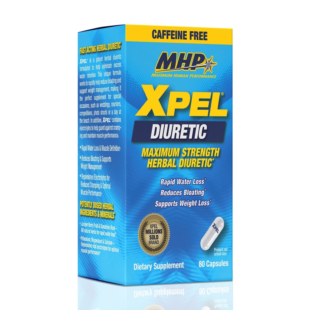 MHP Xpel maximum Strength Diuretic Water Pills, Su Retention Relief, Caffeine-Free with Vitamin B-6 P Properties Dandelion Root, 80 Capsules