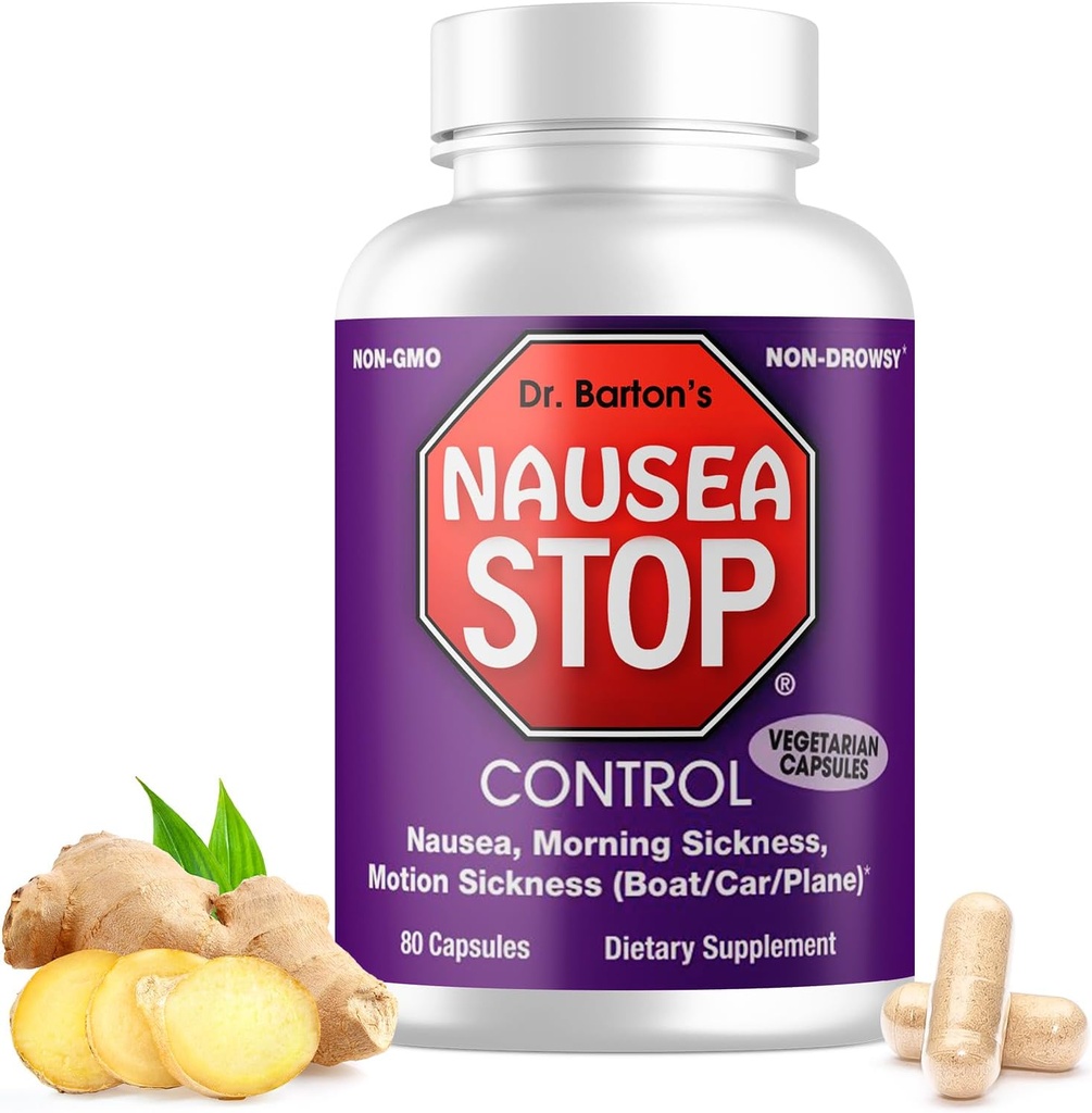Dr. Barton’s Nausea Stop Nausea Relief Supplement – 80 Count Anti-Nausea και κάψουλες πρωινής ασθένειας – Φυσικές κάψουλες χορτοφάγων – Ζάλη, ναυτία και ανακούφιση για έγκυες γυναίκες