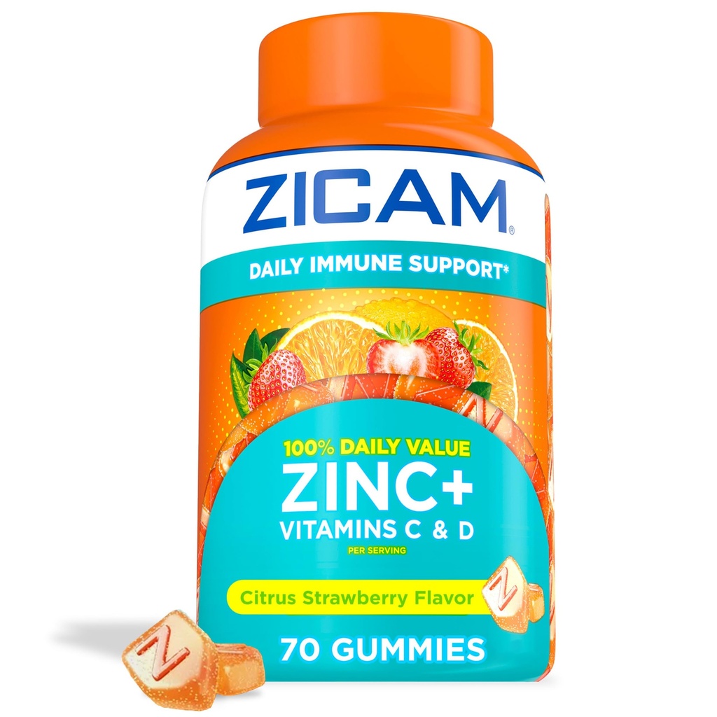 Zicam καθημερινή ανοσοποιητική υποστήριξη, συμπλήρωμα κοιλιάς, ψευδάργυρος, βιταμίνη C και βιταμίνη D, Citrus Φράουλα Γεύση, 70 κόμης
