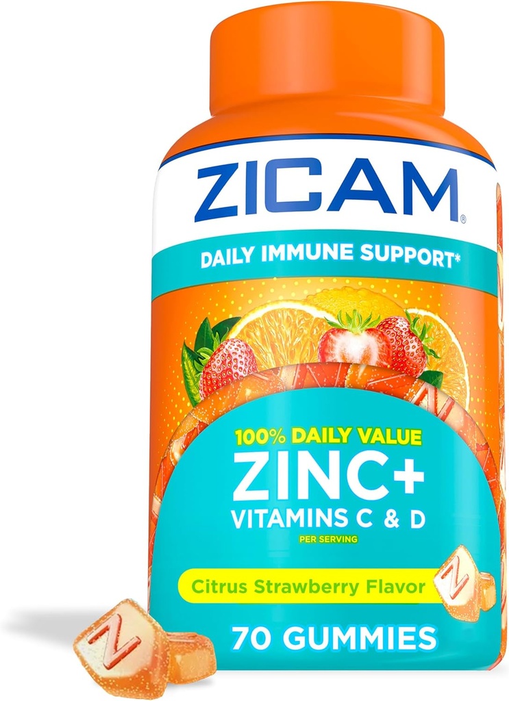 Zicam Daily Immune Support, Gummy Supplement, çinko, C ve Vitamin D, Citrus Strawberry Flavor, 70 Kont