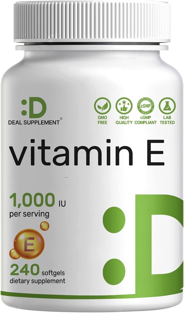 Vitamin E Supplements, 1,000 IU Per Serving, 240 Softgels – Extra Strength Antioxidant Protection – Bioavailable Stable Form – Skin, Heart, Brain, & Immune Support – Non-GMO