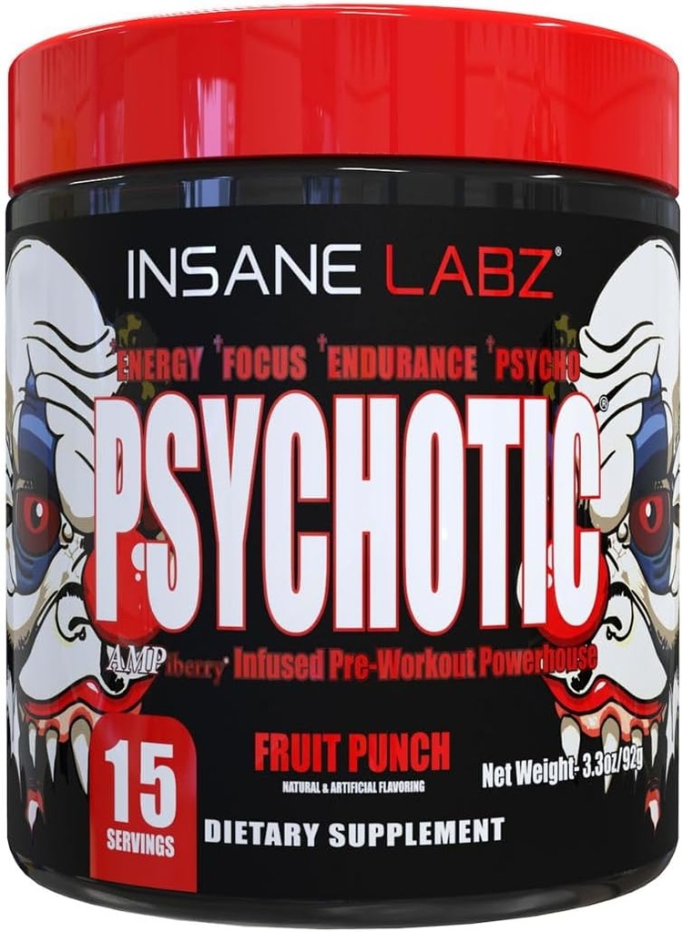 Insane Labz Psychotic, High Stimulant Pre Workout Toz, Extreme Lasting Energy, Focus and Endurance with Beta Alanine, Kretine Monohidrat, DMAE, 15 Srvgs, Punch Fruit