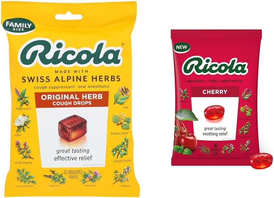 Ricola Original Natural Herb Cough Suppressant Throat Drops, 45 Drops, Soothes Throats, Doğal Soothing Relief & Cherry Throat Drops, 45 Kont
