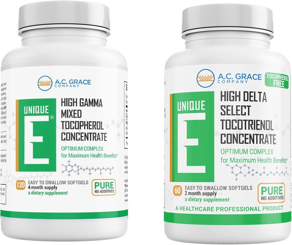UNIQUE E A.C. Grace Company Mixed Tocopherols Concentrate Softgel 120 Count and Tocotrienols Tocopherol-Free Softgels 60 Count
