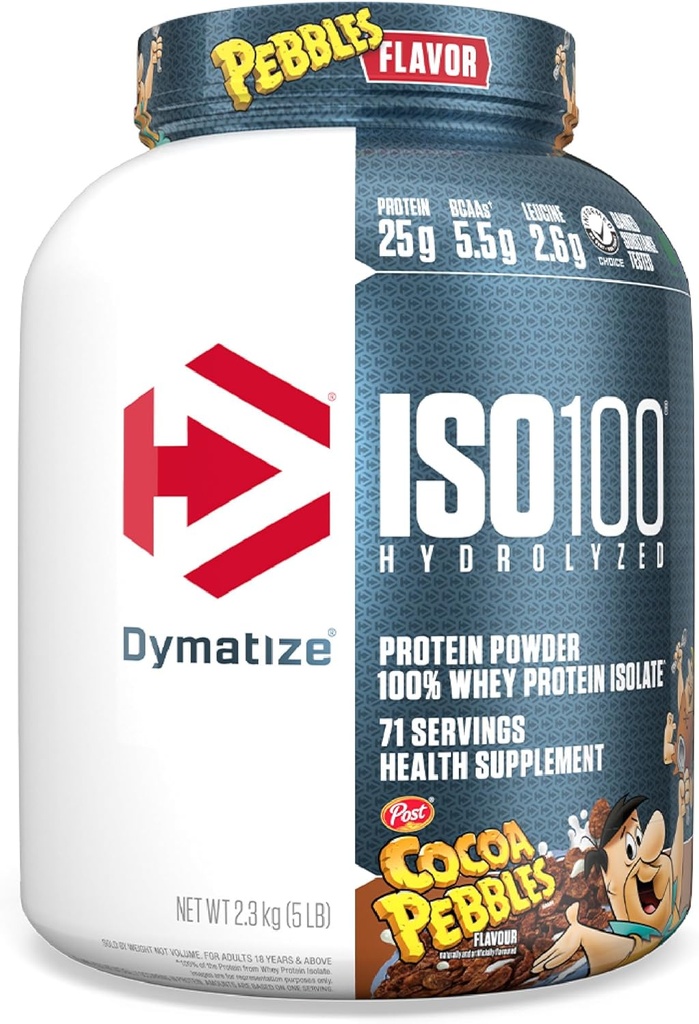 Dymatize x Cocoa Pebbles ISO100 Whey Protein Powder Isolate, 25g πρωτεΐνης, 5.5g BCAAs, 120 Cal., Χωρίς γλουτένη, 1g λίπος, 1g ζάχαρη, 2g υδατανθράκων (71 σερβίρεται)