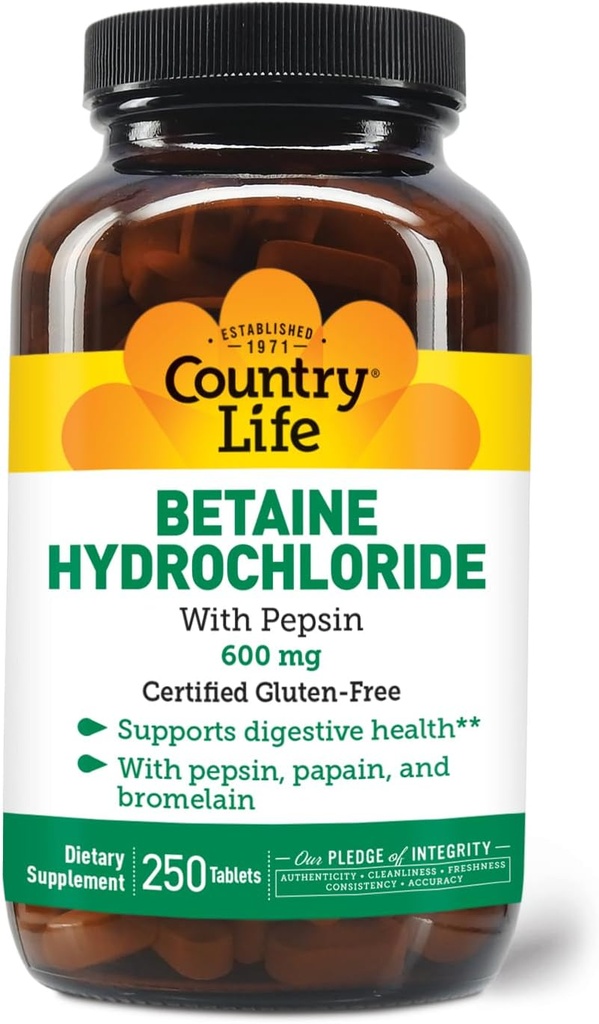 Country Life Betaine Hydrochloride with pepsin 600 mg - 250 Tablet