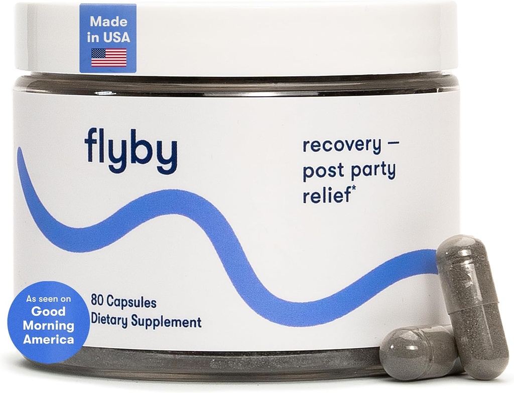 Flyby Recovery Supplement - All The Hang, Without The Over!TM - with Milk Thistle, Vitamin C, Actived Charcoal, and Apple Cider Vinegar - Pre & Post Drinking Formula (80 Count)