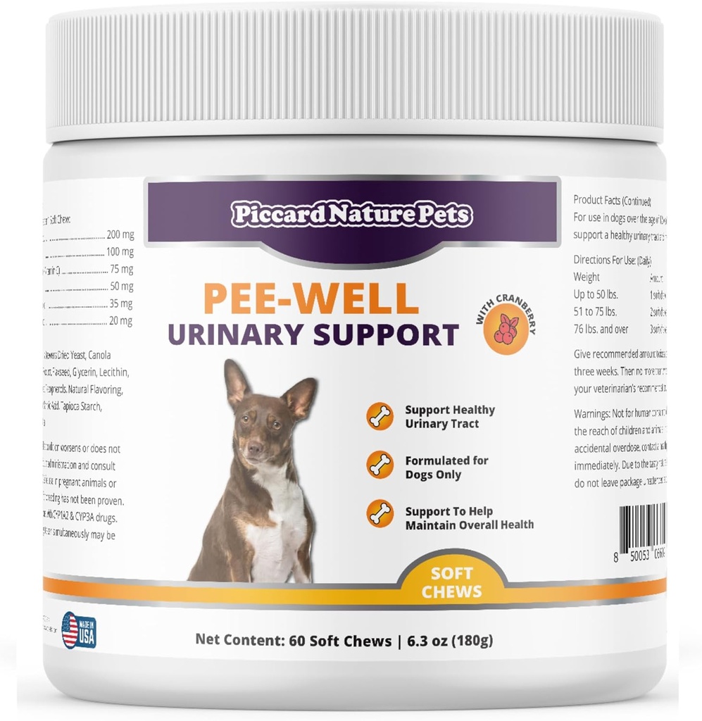 Pee-E Urinary & Bladder Support Chews with Cranberry, Discovers Urinary Tract Health for Dogs, Help maintain General Health, 60 Soft Chews