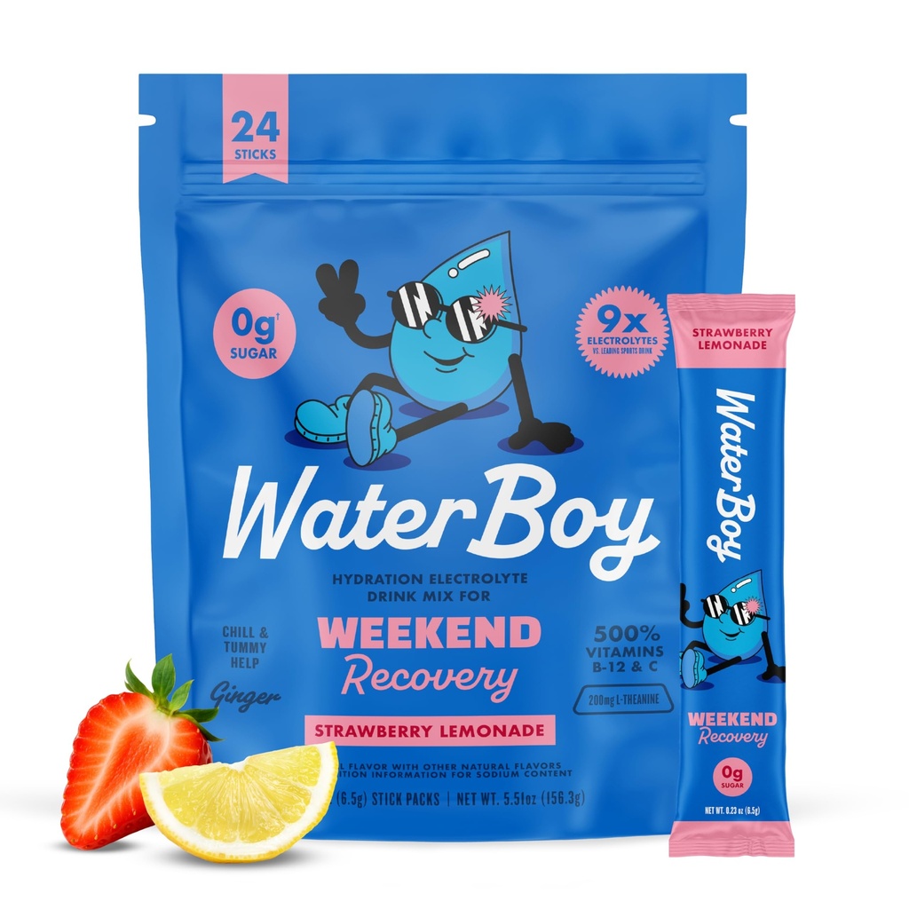 Waterboy Weekend Recovery | 3,200 mg Electrolyte Toz Paketleri | Ginger + L-Theanine + Vitaminler | No Sugar, All Natural, Gluten Free | 24 Iklim Mixes (Strawberry Lemonade)