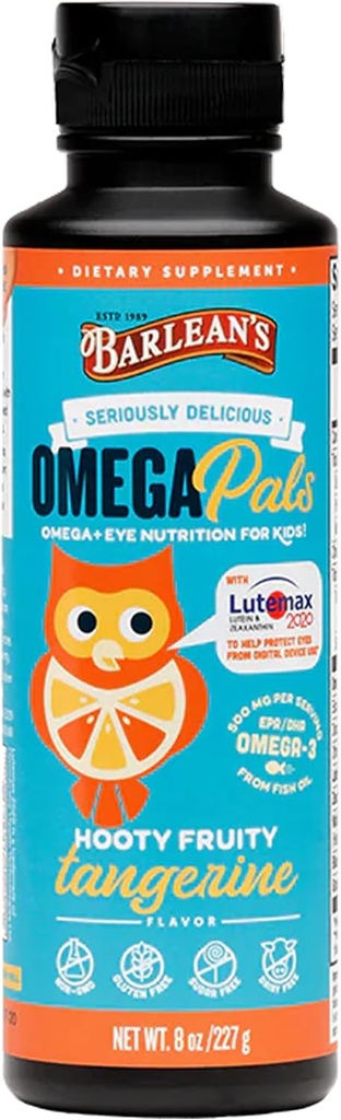 Barlean'ın Omega Pals Eye Health Liquid, Tangerine Flavored Omega 3 for Kids, Fish Oil Supplement with 500 mg of EPA & DHA Plus Lutein & Zeaxanthin Vitamins for Blue Light Support, 8 oz