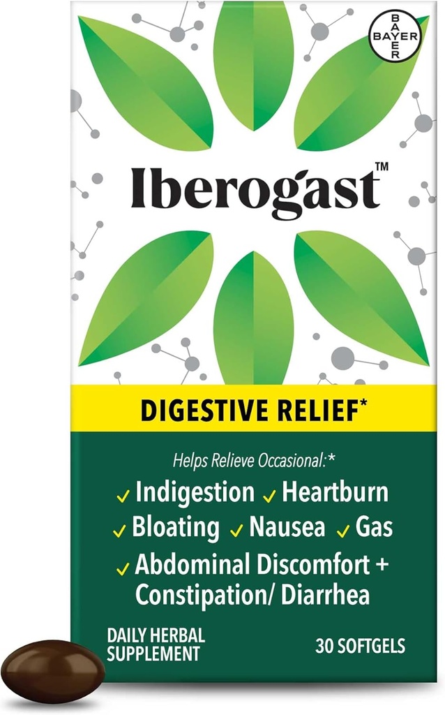 Iberogast Softgels, Herbal Relief of Stomach Upsets: Occasional Indigestion, Bloating, Gas, Nausea, Upset Stomach; 6Herb Mix with Iberis Amara, Peppermint, Licorice, Lemon Balm; 30ct