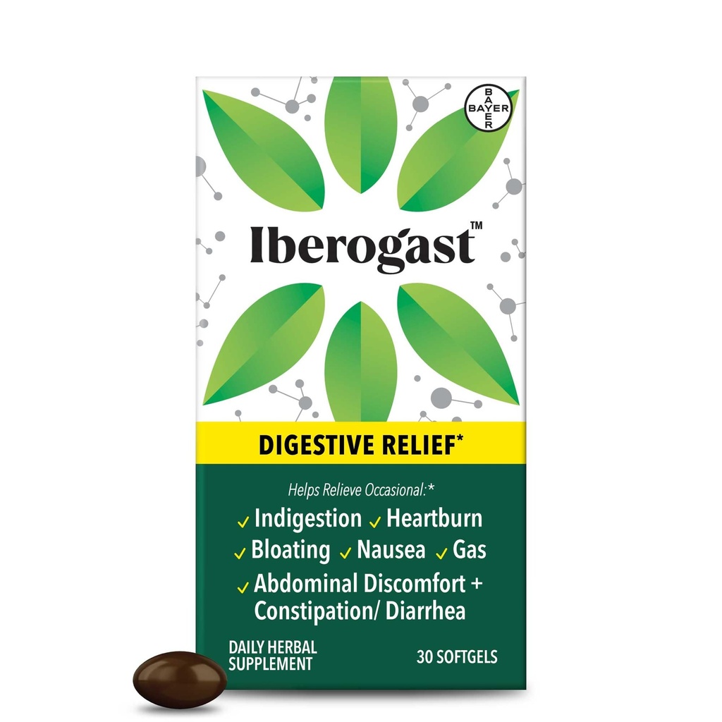 Iberogast Softgels, Herbal Relief of Stomach Upsets: Occasional Indigestion, Bloating, Gas, Nausea, Upset Stomach; 6Herb Mix with Iberis Amara, Peppermint, Licorice, Lemon Balm; 30ct