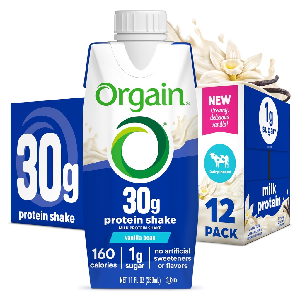 Orgain 30g υψηλή πρωτεΐνη Shake, Γαλακτοκομική απομονωμένη πρωτεΐνη γάλακτος, Vanilla Bean, 5g BCAAs, 1g ζάχαρη ανά υπηρεσία, αντικατάσταση γεύματος, έτοιμη για ποτό, Κετοφιλική, χωρίς γλουτένη 11 Fl Oz (πακέτο των 12)