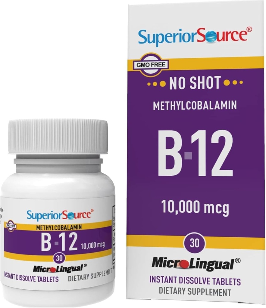 Superior Source No Shot Methylcobalamin B-12 10000 mcg - Βιταμίνη B-12 για την υποστήριξη της παραγωγής ενέργειας, της υγείας του εγκεφάλου και της γενικής ευεξίας - Υπογλώσσια δισκία για γρήγορη απορρόφηση - 30 δισκία διάλυσης
