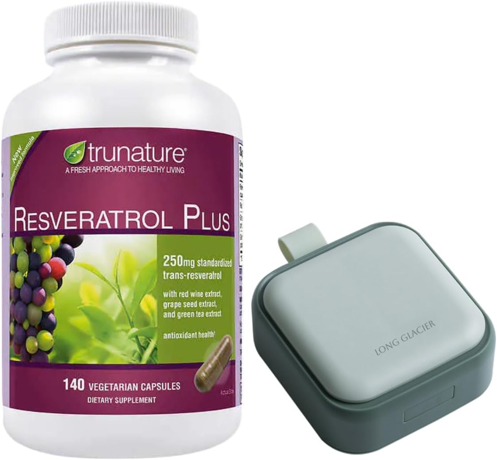 Trunature Resveratrol Plus, 140 Vegetarian Capsules Sche with a Pill Oragnizer, Small Cute Pill Konteyner for Medicine, Vitamins, Green