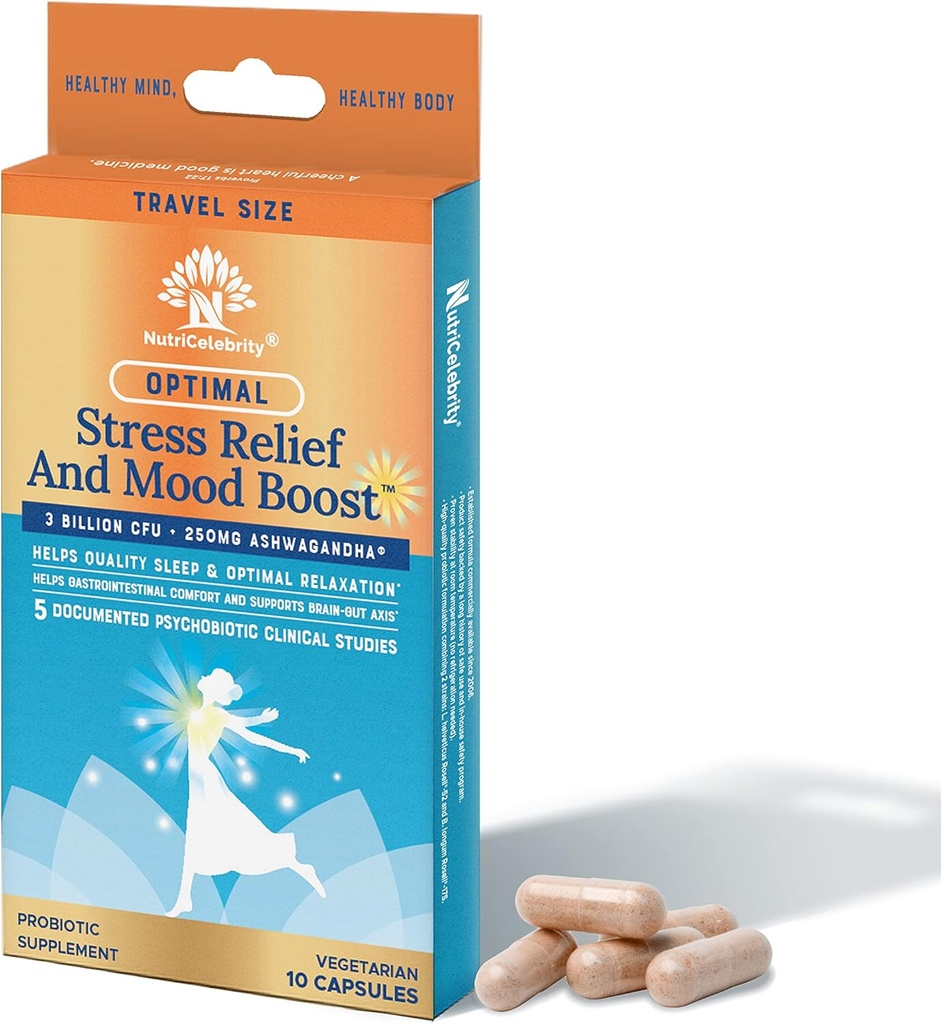 NutriCelebrity Optimal Stres Desteği ve Mood Boost Supplement Travel Boyut, Destekli Uyku, Rahatlama,10 Sebze Kapsülleri