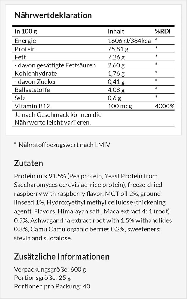 APOLLO'S HEGEMONY Vegan proteini 600g: Plant-Based Protein with Pea, Rice and Yeast - Zengin Asitler - 24 Hizmet - Vegan ve Şeker Ücretsiz Supplement - Raspberry Flavourour ile Beyaz Çikolata