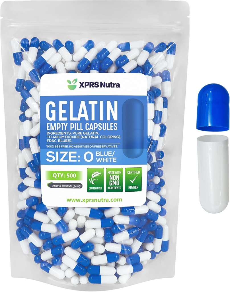 XPRS Nutra Boyutu 0 Boş Kapsüller - 500 Kont Boş Gelatin Capsules - Pills DIY Capsule - Pure Bovine Pill Gel Caps For Do-It- Yourself Supplements (Mavi/Beyaz)