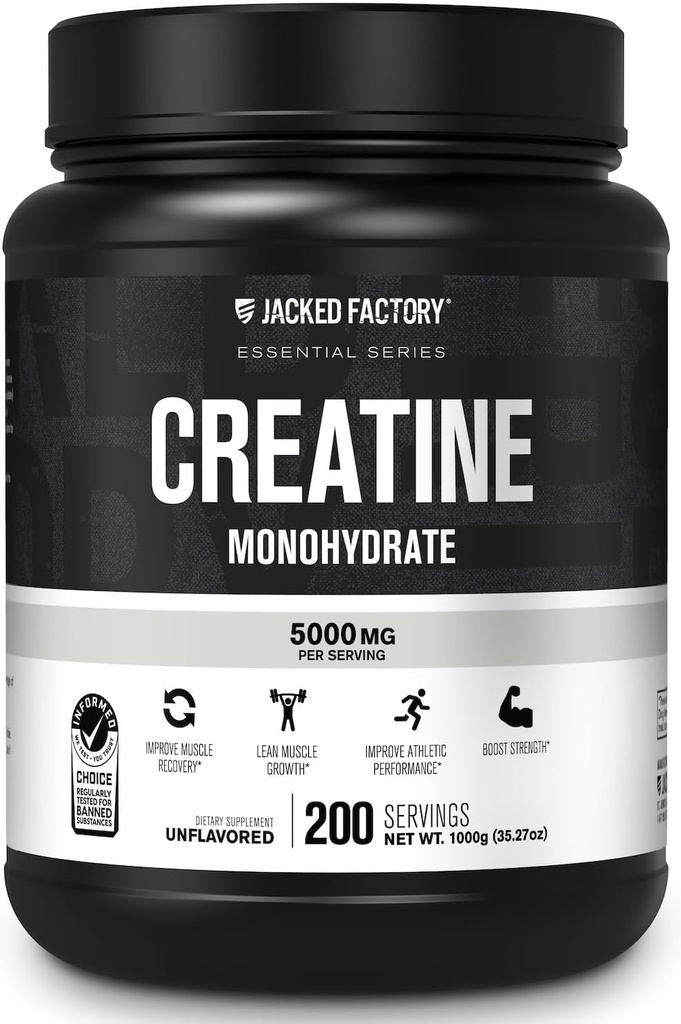 Jacked Factory Tinatine Monohidrat Toz 1000g - 5g Daily Kretine Supplement for Men and Women, Vegan-Friendly, Third-Party Tested - 200 Hizmet, Unflavored