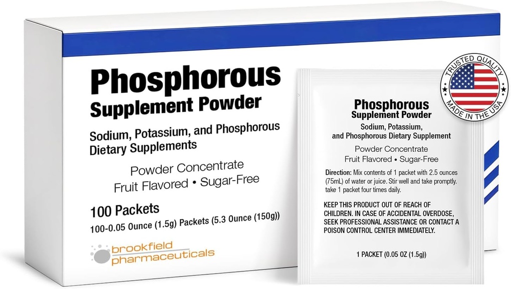 Phosphorus Supplements 100 Packets, Dietary Supplements Powder with Sodium Phosphate and Potassium Phosphate, Fruit Flavored Phosphorous Supplement Powder for Electrolyte, Bone Health & Kidney Health