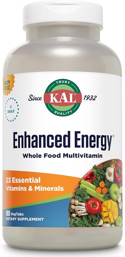 KAL® Geliştirilmiş Enerji Multivitamin | Tüm Yiyecek bazlı Vitaminler ve Mineraller w / Antioksis, Digestive Enzymes & Natural Carotenoids | 180 Capsules