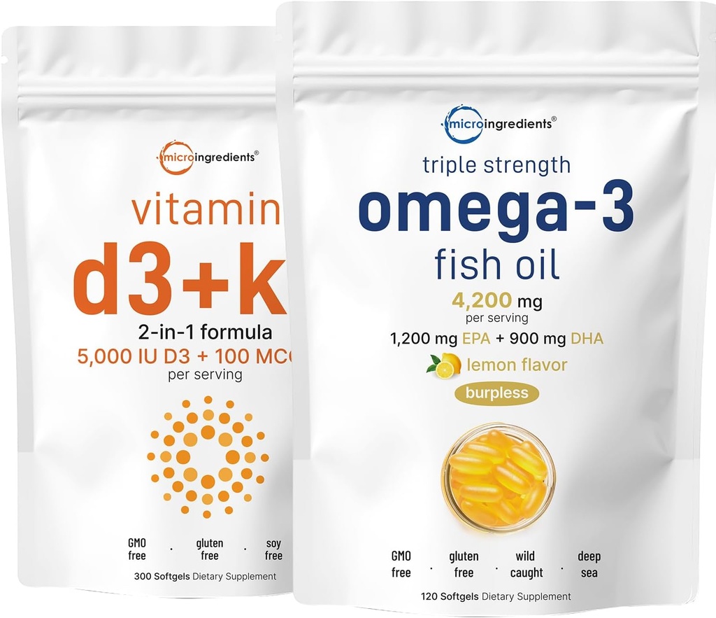 Mikro Malzemeler D3 5.000iu + K2 100 ++ Softgels & Omega-3 Fish Oil 120 Softgels Sche 2 Pack | Essential Sunshine Vitamins | Wild-Caught Fish, Lemon Flavored, Burpless