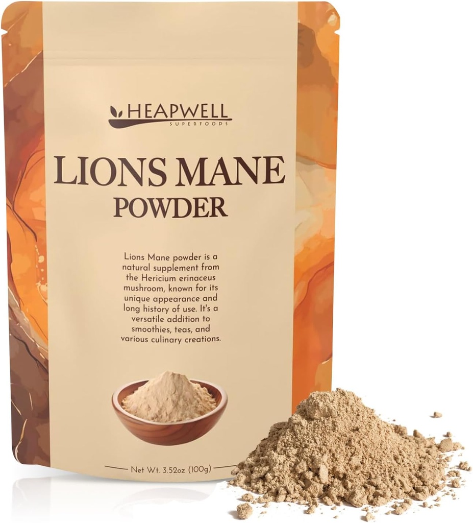 Heapwell Superfoods Lion's Mane Toz 100g – Premium Grade, High Spectrum Lion's Mane Mushroom Supplement for Cognitive Support, Immune Boost, and Spiritty 100 Plus Services