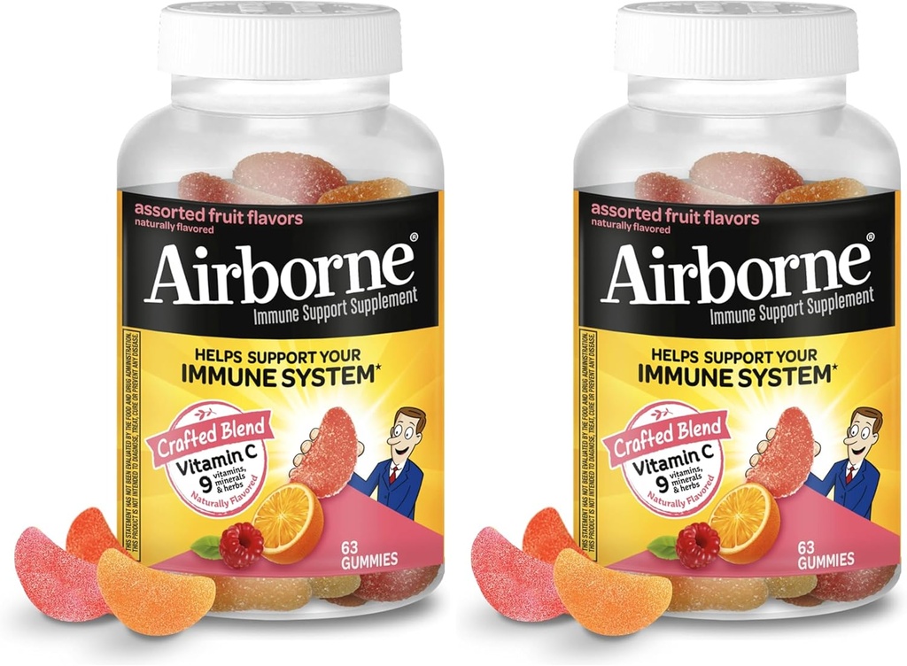 Airborne C 750 mg (per Servis) - Assorted Fruit Gummies (63 Kont in a Şişe), Gluten-Free Immune Support Supplement with Vitamins C E, Selenium (Pack of 2)
