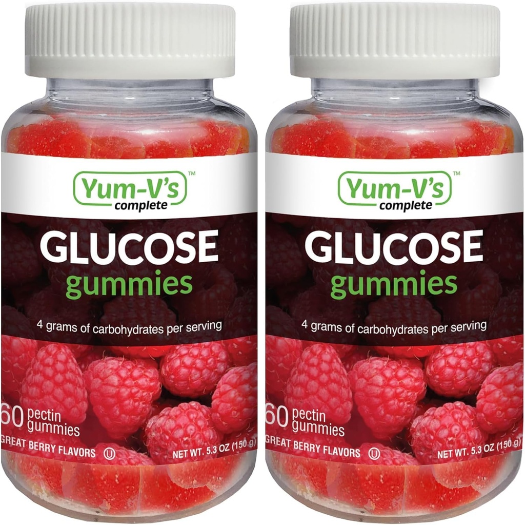 YUM-V'S Γλυκόζη Gummies – Γρήγορη δράση Γλυκόζη Μασώμενα Gummies – Μεγάλη γεύση – Χωρίς γλουτένη, Vegan, μη-GMO – Berry Natural Γεύση – 60 Μασώμενα Gummy για ενήλικες & παιδιά (Pack of 2)