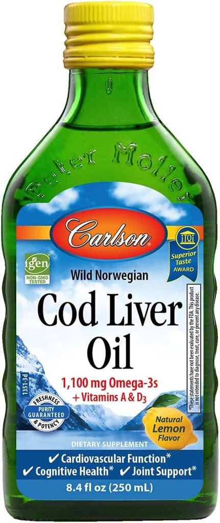 Carlson - Cod Liver Oil, 1100 mg Omega-3s, Liquid Fish Oil Supplement, Wild-Caught Norveç Arctic, Sustainable Sourced Nordic Liquid, Lemon, 250 ml