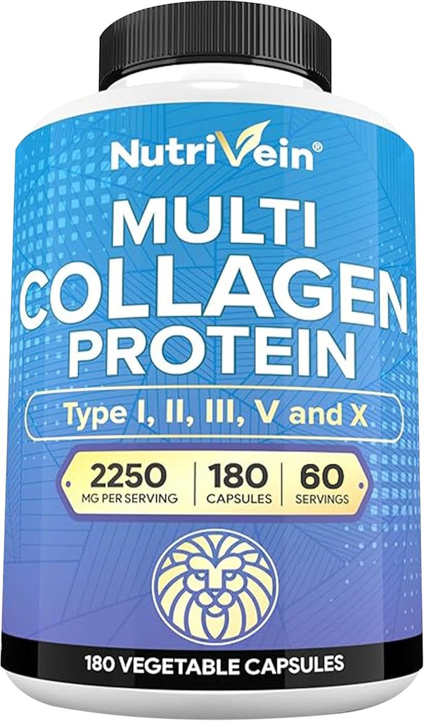 Nutrivein Premium Multi Collagen Pills 2250 mg - 180 Easy-to-Swallow Collagen Capsules: Tip I, II, III, V, X Hydrolyzed Protein Pil for Women and Men - Aging, Joints, Hair, Skin, Bones, & Nails
