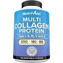 Nutrivein Premium Multi Collagen Pills 2250 mg - 180 Easy-to-Swallow Collagen Capsules: Tip I, II, III, V, X Hydrolyzed Protein Pil for Women and Men - Aging, Joints, Hair, Skin, Bones, & Nails