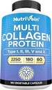 Nutrivein Premium Multi Collagen Pills 2250 mg - 180 Easy-to-Swallow Collagen Capsules: Tip I, II, III, V, X Hydrolyzed Protein Pil for Women and Men - Aging, Joints, Hair, Skin, Bones, & Nails