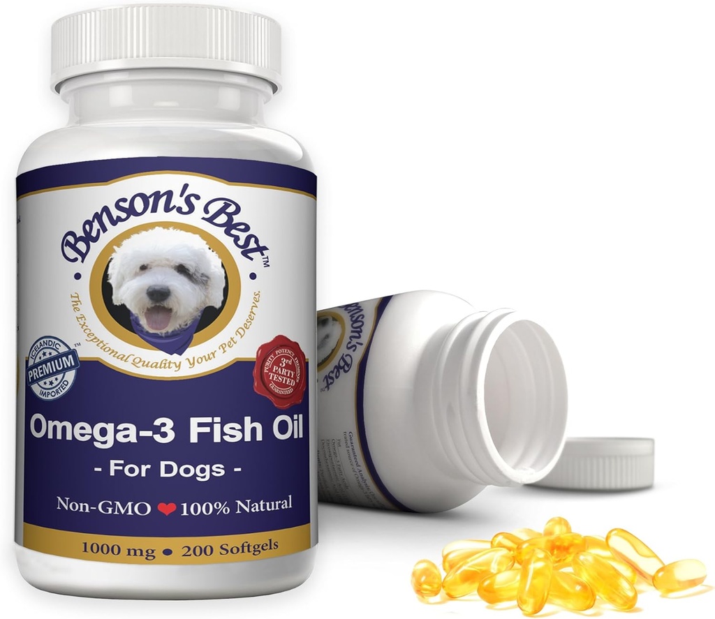 Benson's Best Omega 3 Fish Oil for Dogs - Παρέχει 43% Περισσότερα Ωμέγα 3 Λιπαρά Οξέα Than Salmon Oil - 200 Softgels 1000 mg - 100% Καθαρό, μη-GMO, Φυσικό Τροφές Σκύλος Ψάρια Συμπληρώματα