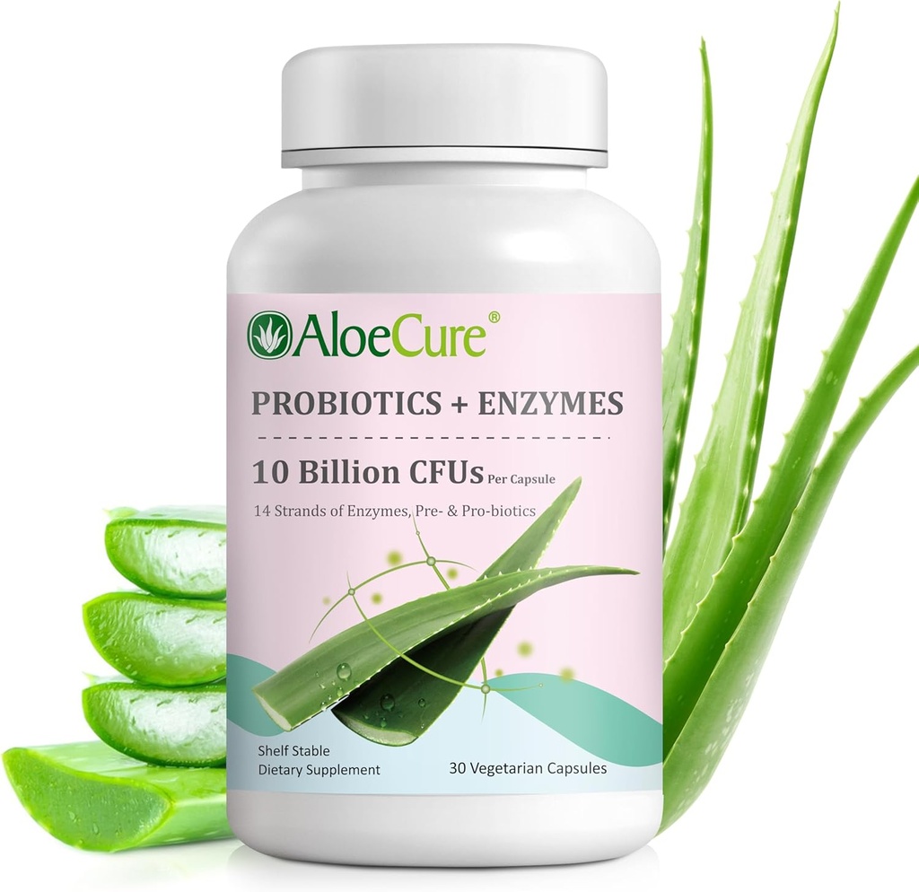 AloeCure Daily Probiyotiks 10 Milyar CFU for Digestive Support 8 Strains, 6 Prebiyotiks & Enzymes - Kadınlar ve Erkekler için Bromelain ile Digestive Relief, 30 Caps