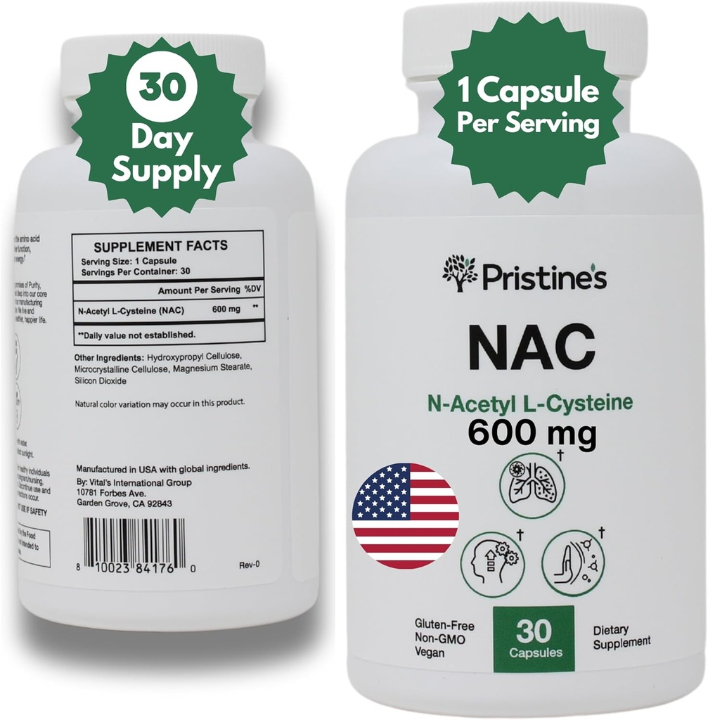 PRISTINE'S N-Acetyl L-Cysteine (NAC) 600MG 30-Day Supply Potent Lung & Liver Immunity Antioksi Capsules - Mood & Spirit Health Support Capsules